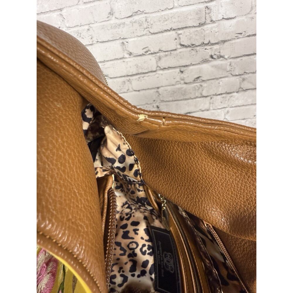 Sharif Yellow Brown Leather Hobo Handbag Embroidery Butterflies Flowers - Picture 9 of 12